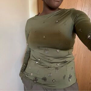 H&M Bead-Embellished Dark Green Top